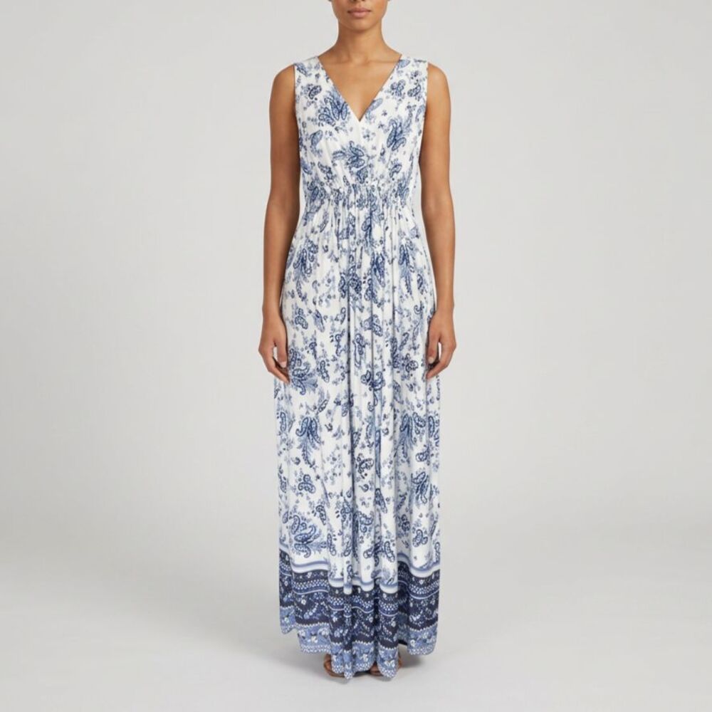 Boho Maxi Dress Blue White Sleeveless V Neck S Festival Casual Resort Cruise